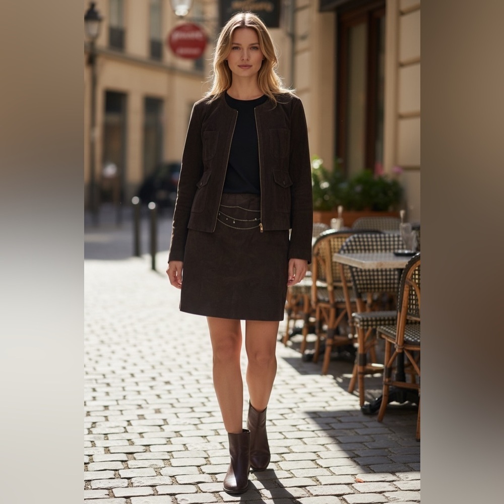 Maggy London Two-Piece Rich Brown Faux Leather Skirt Suit, Size 8